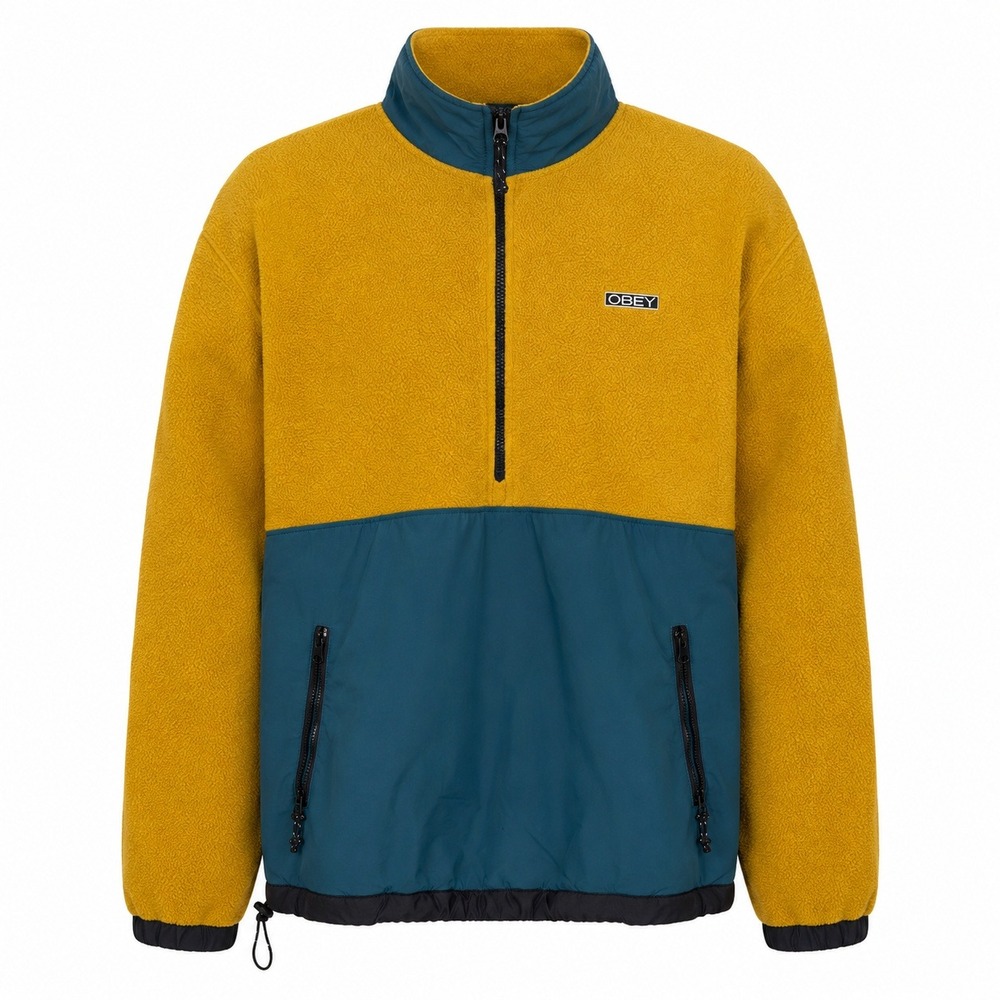 Obey Gallagher Mens XXL Half Zip Fleece Pullover Yellow Teal Colorblock Jacket